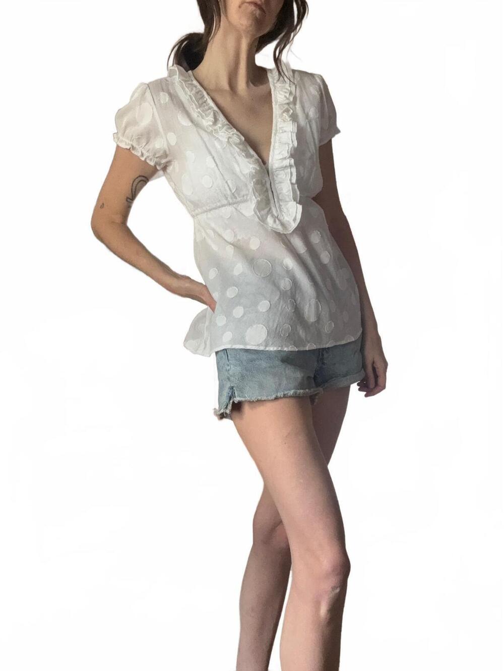 Banana Republic White Polka Dot Ruffled V-Neck Cotton Blouse, Size M